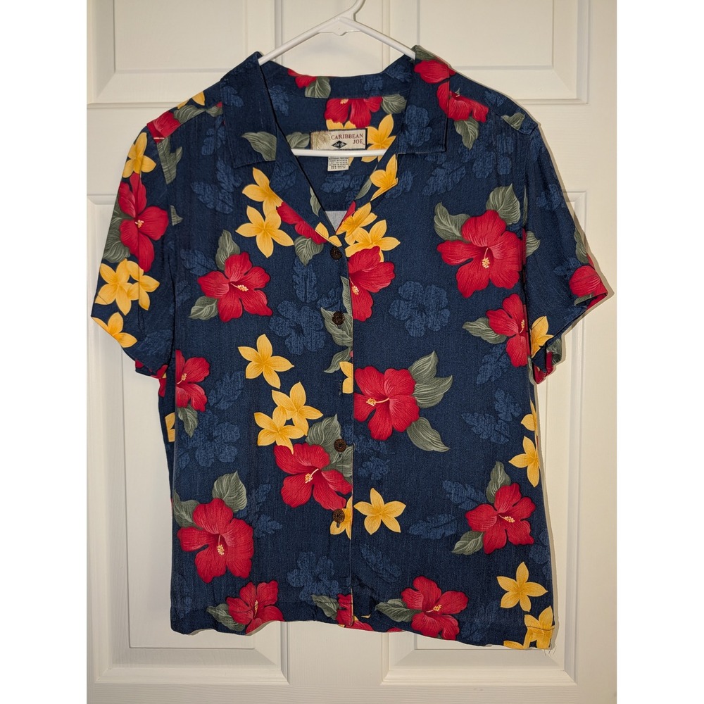 Caribbean Joe L Navy Hibiscus Rayon Camp Shirt Retro Tropical Aloha